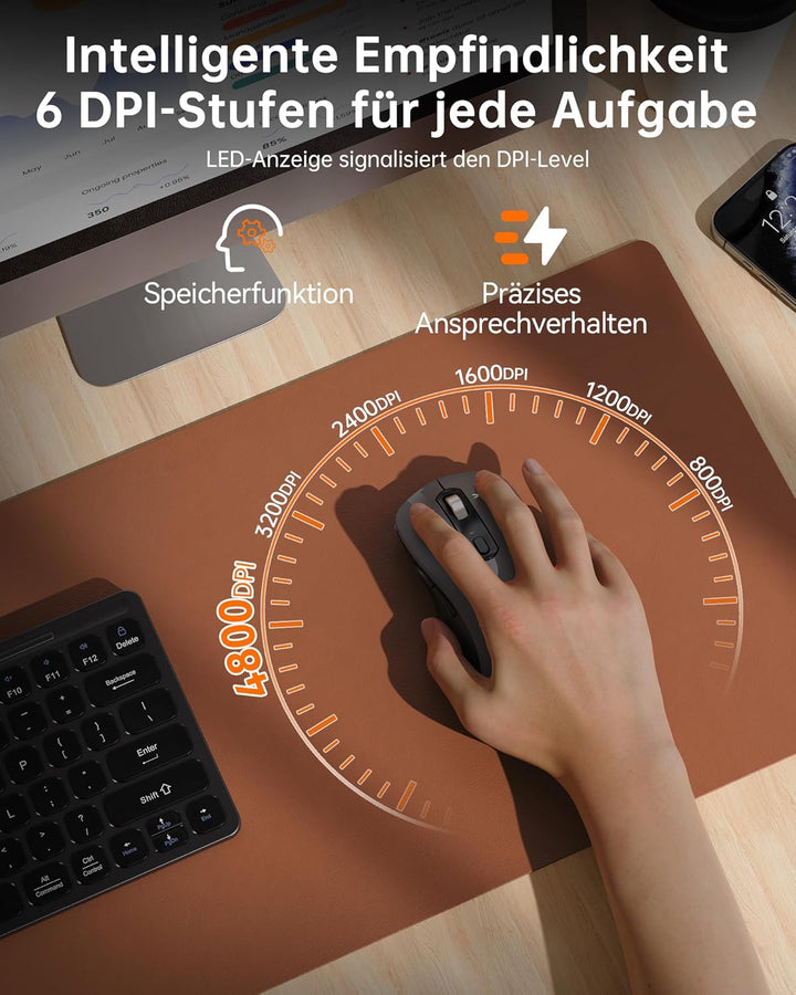 TECKNET Bluetooth Maus, Maus Kabellos (BT 5.0/3.0 + 2.4G), 4-Wege-Scrollrad Leise Funkmaus mit USB-A