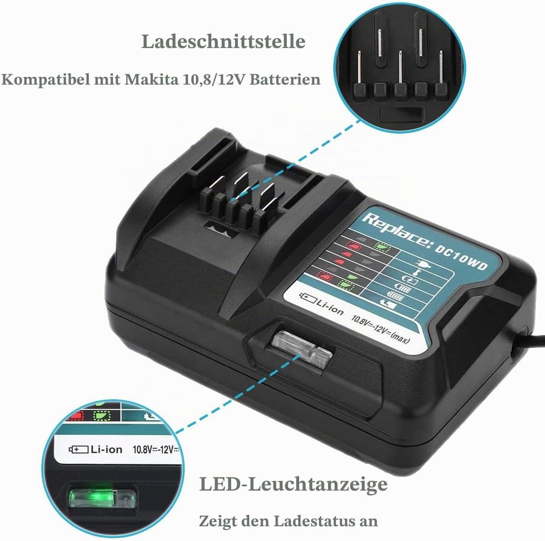 FengWings® Ladegerät DC10WD Ersetzen Für 10.8V 12V Makita Ladegerät DC10WD DC10SB DC10WC, Kompatibel