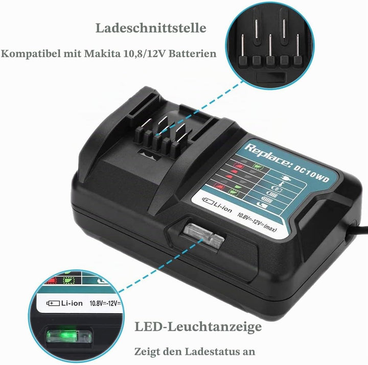 FengWings® Ladegerät DC10WD Ersetzen Für 10.8V 12V Makita Ladegerät DC10WD DC10SB DC10WC, Kompatibel