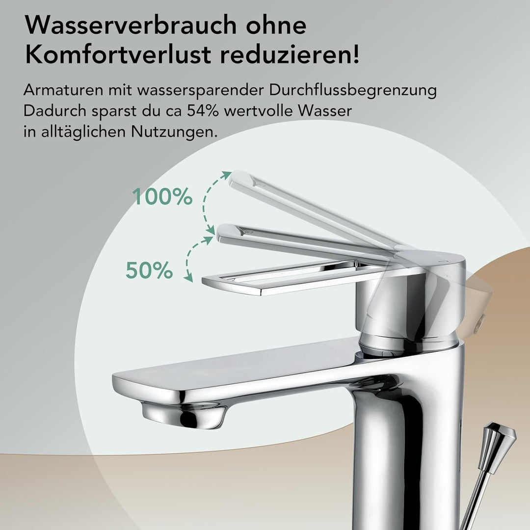Wasserhahn Bad mit Zugstange, Einhebel-Waschtischarmatur mit Ablaufgarnitur, Chrom Einhandmischer Wa