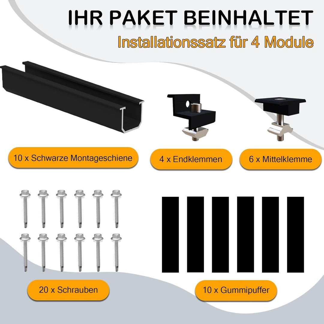 Sorlpv Solarmodul Halterung für 4X Module, PV Halterung Montageset - 12CM Schwarze Schiene + Verstel