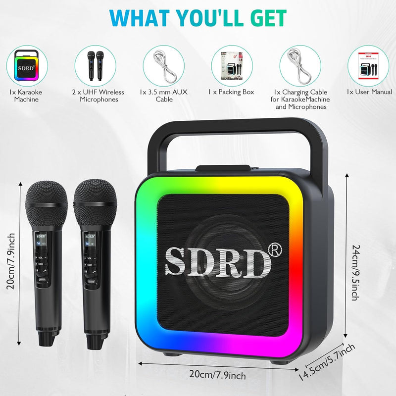 Karaoke-Maschine mit zwei drahtlosen Mikrofonen, tragbarer Bluetooth-Lautsprecher für Erwachsene und