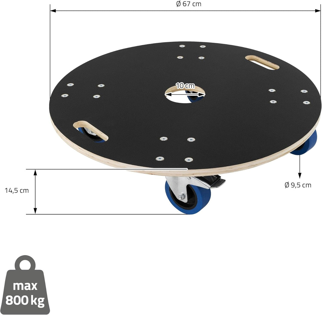 ECD Germany Transportroller rund Ø67x14,5 cm mit Siebdruckplatte und 2 gebremsten Rollen, 800kg Trag