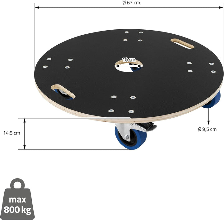 ECD Germany Transportroller rund Ø67x14,5 cm mit Siebdruckplatte und 2 gebremsten Rollen, 800kg Trag