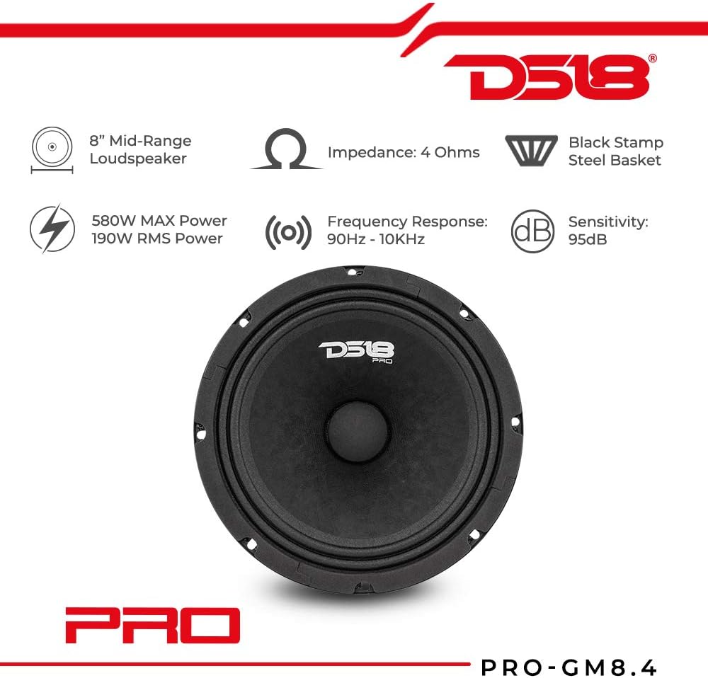 DS18 Car Midrange Speaker 8" Inch 580w Watt 4Ohm Bass Loudspeaker PRO-GM8.4 Classic 8-Inch 4-Ohms, C