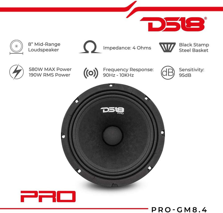 DS18 Car Midrange Speaker 8" Inch 580w Watt 4Ohm Bass Loudspeaker PRO-GM8.4 Classic 8-Inch 4-Ohms, C