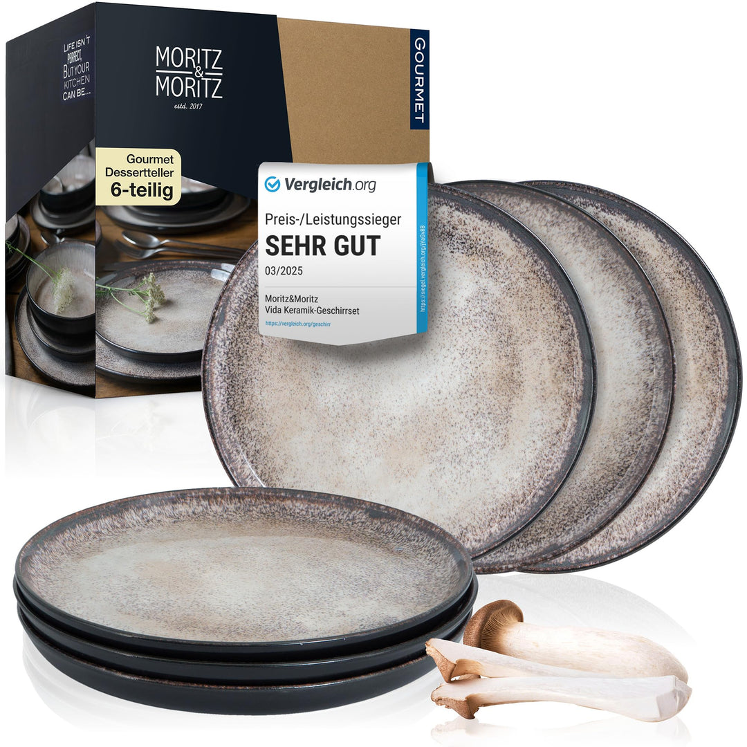 Moritz &amp; Moritz VIDA 6er Dessert Teller Set beige - Kuchenteller für 6 Personen - Porzellan spülmasc