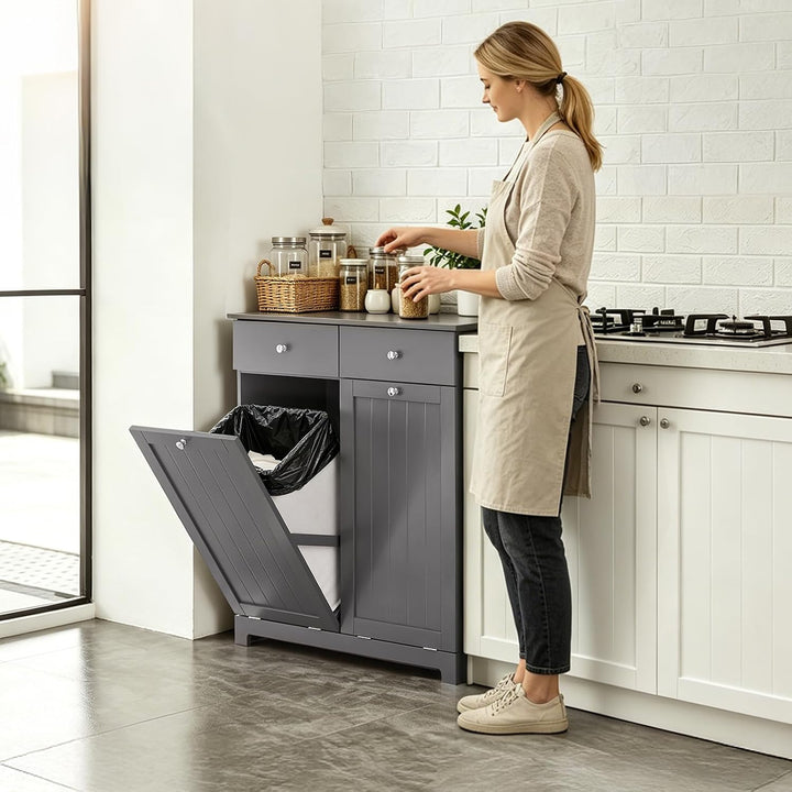 SoBuy Mülleimer Schrank mit 2 Fächern à 45L Mülltrennsystem Grau für Küche | Küchenschrank aus E1 MD