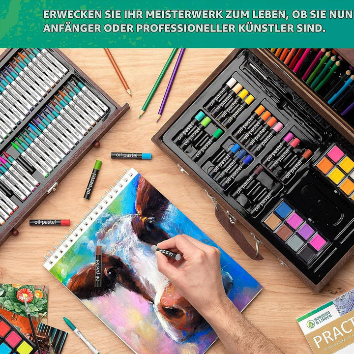 Norberg &amp; Linden Mal-Set XXL144, inklusive Holzkasten Schiebern, Enthält Wachsmalstifte, Ölpastellkr