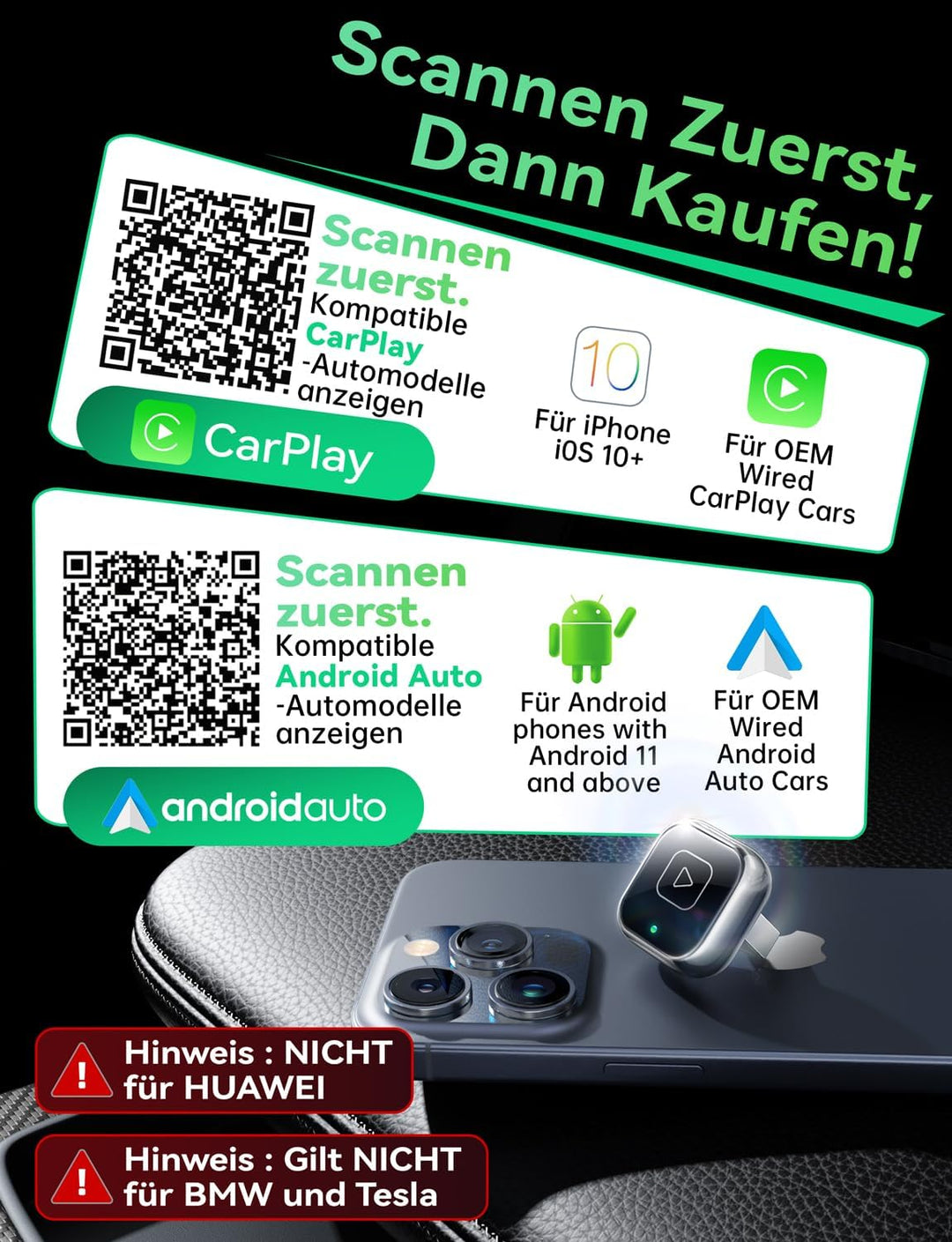 Wireless Carplay & Android Auto Adapter, Mavlou Metalldesign Mini & Stabiler 2-in-1-Dongle, Convert