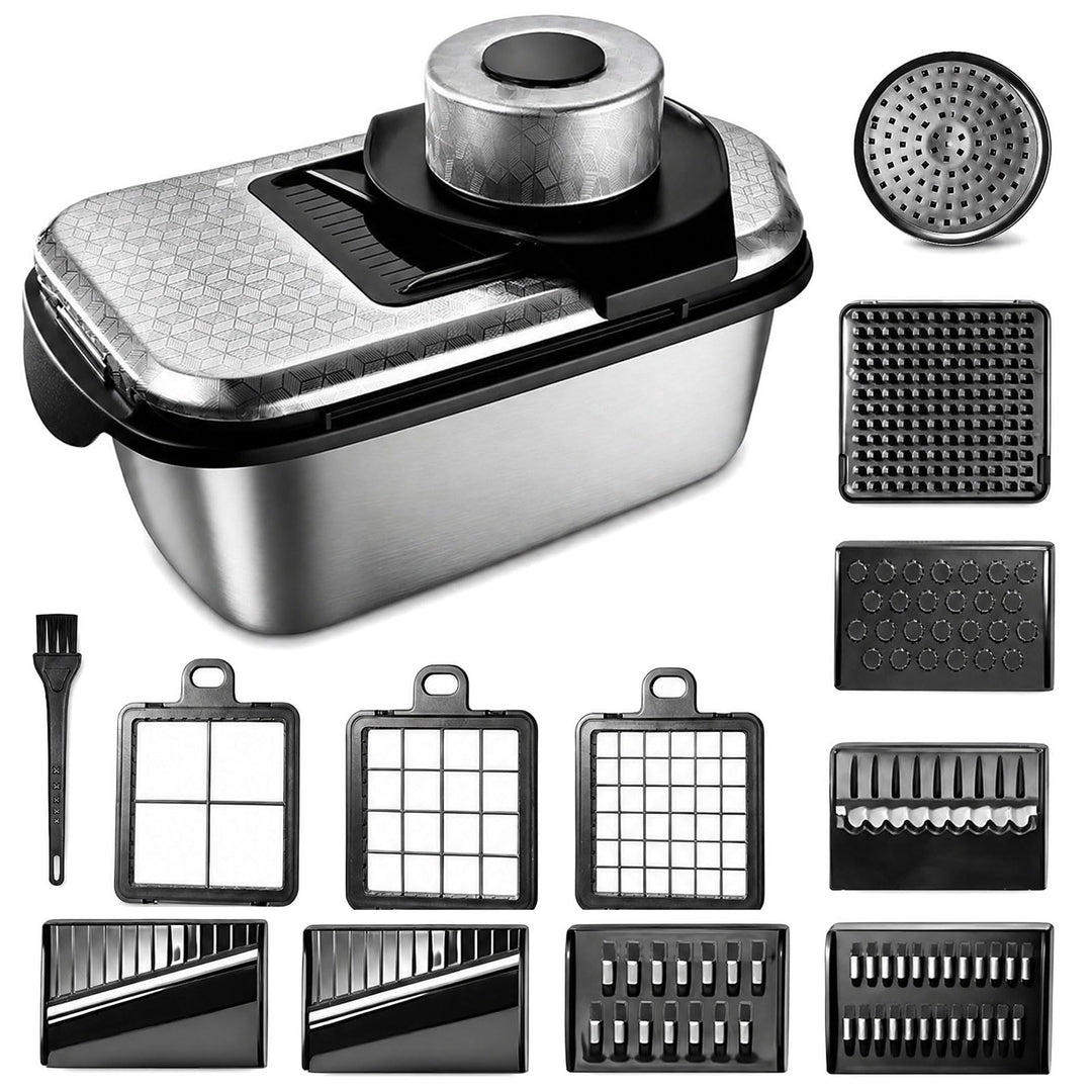Multi-Gemüseschneider Mandoline Hobel - Edelstahl 304 13-teilig Gemüsehobel mit Abtropfkorb - Zwiebe