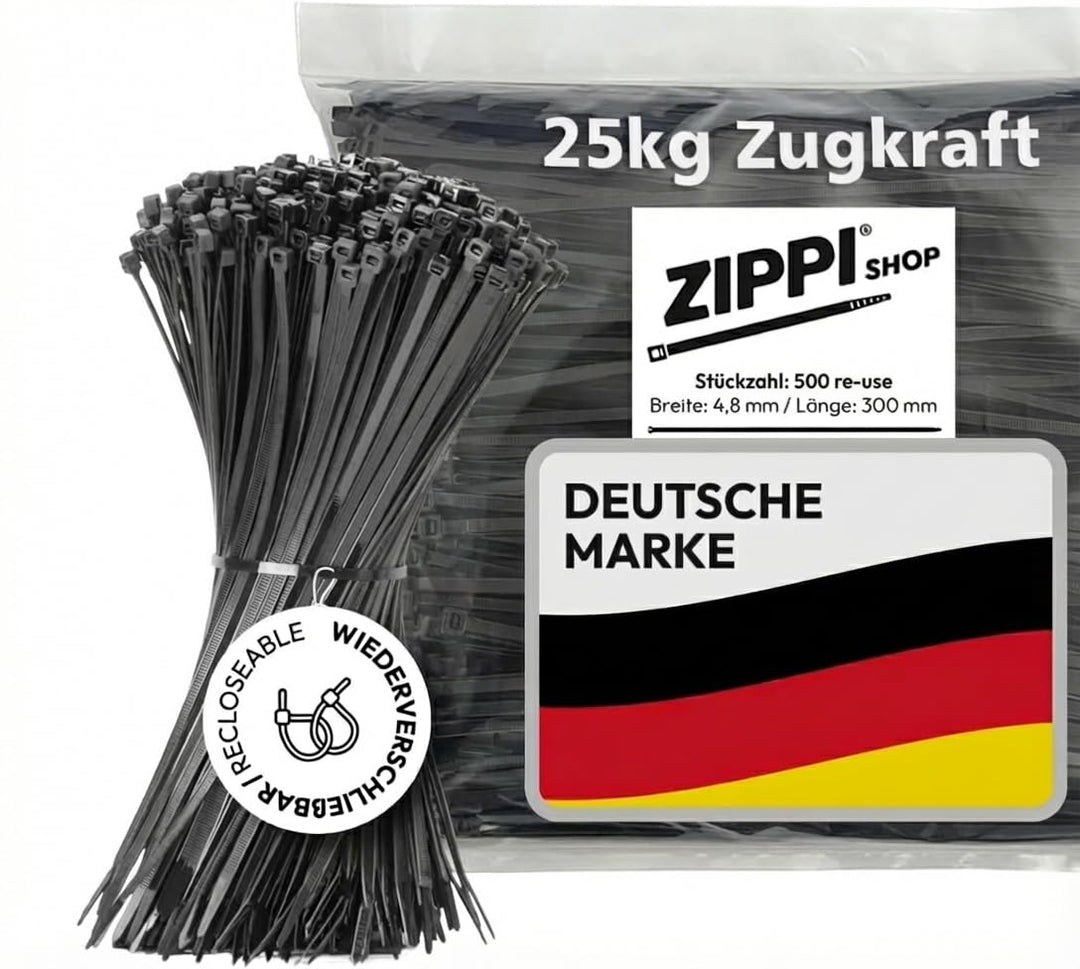 Kabelbinder wiederverschliessbar (500 Stück) - 300mm x 4,8mm - Schwarz | 25kg Zugkraft - wiederverwe