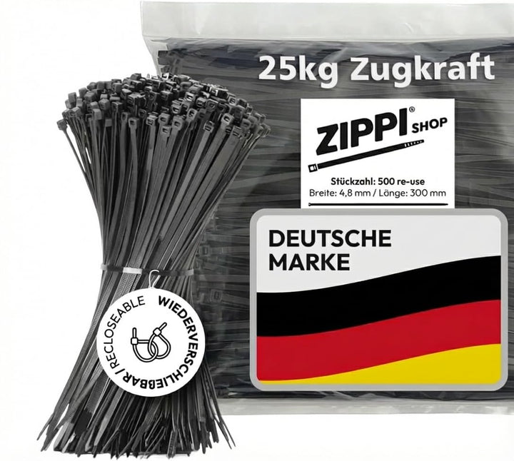 Kabelbinder wiederverschliessbar (500 Stück) - 300mm x 4,8mm - Schwarz | 25kg Zugkraft - wiederverwe