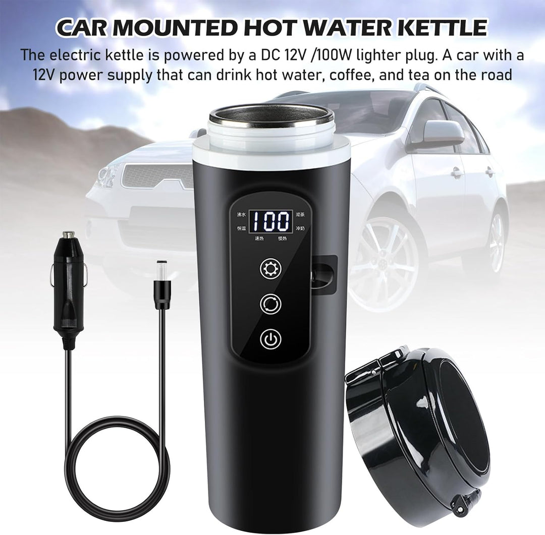 PORFOYO Wasserkocher Für Auto Reisebecher 24V/12V Elektrischer Wasserkocher 500ml Schwarz Edelstahl