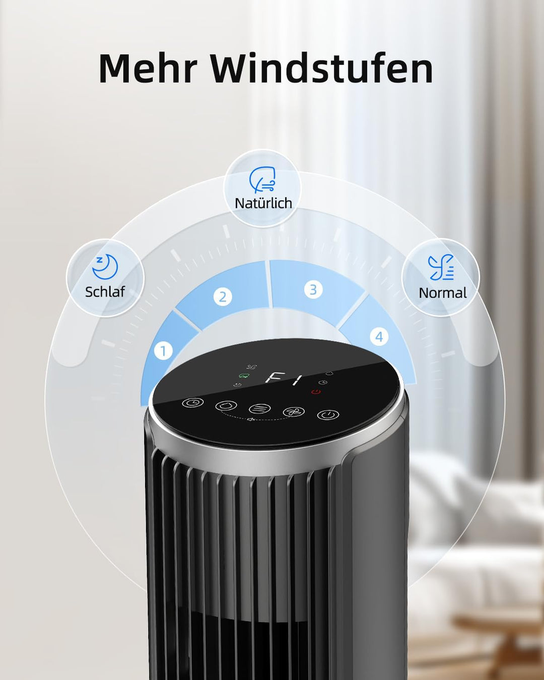 Leiser Turmventilator für Schlafzimmer, Standventilator mit Fernbedienung, 90° oszillierend, 4 Gesch