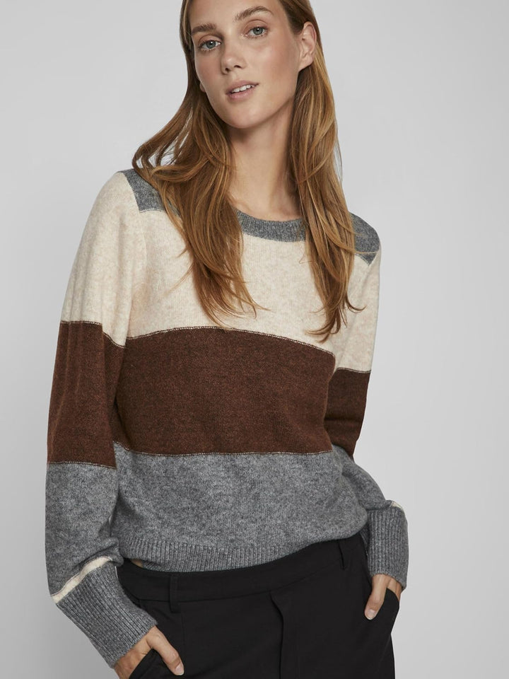 Vila Damen Viellie O-Neck L/S Stripe Knit Top Strickpullover M Grau, M Grau