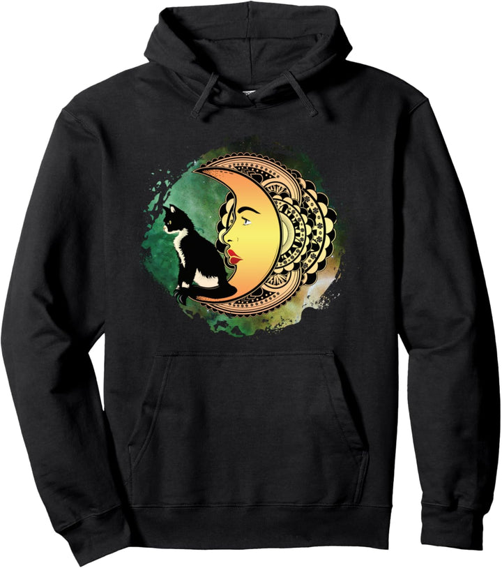 Aesthetic Goth Halloween Black Cat Tarot Crescent Moon Gift Pullover Hoodie