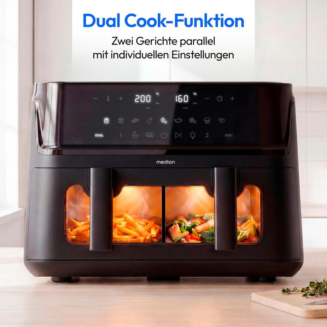 MEDION P25 XXL Flex M Airfryer Heissluftfritteuse mit 2 Kammern - schwarz | 10,8 Liter, flexible Kam