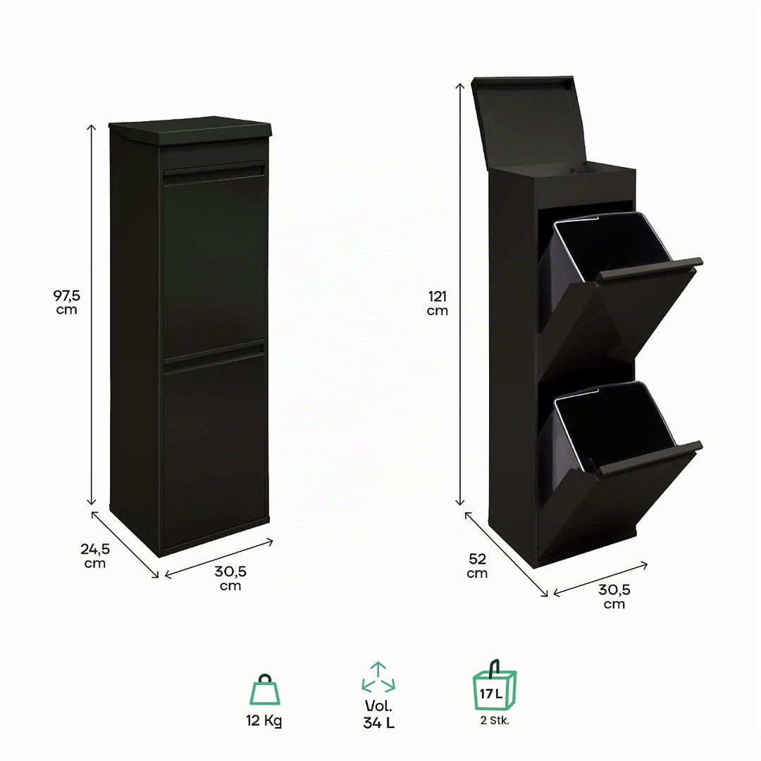 ARREGUI Top CR226-B Recycling Abfalleimer / Mülleimer aus Stahl mit Aufbewahrungsbox mit Deckel, Mül