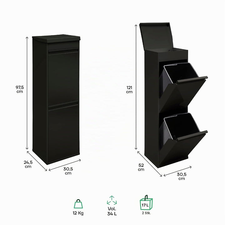 ARREGUI Top CR226-B Recycling Abfalleimer / Mülleimer aus Stahl mit Aufbewahrungsbox mit Deckel, Mül