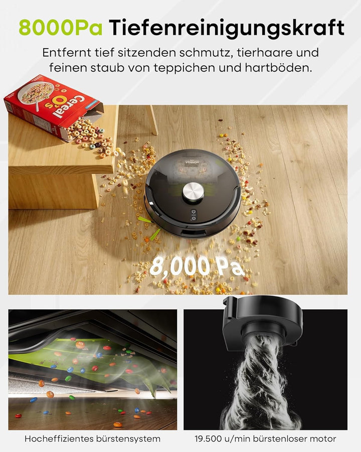 MONSGA Saugroboter mit Wischfunktion 8000PA, Staubsauger Roboter mit Absaugstation 4L, LiDAR Navigat
