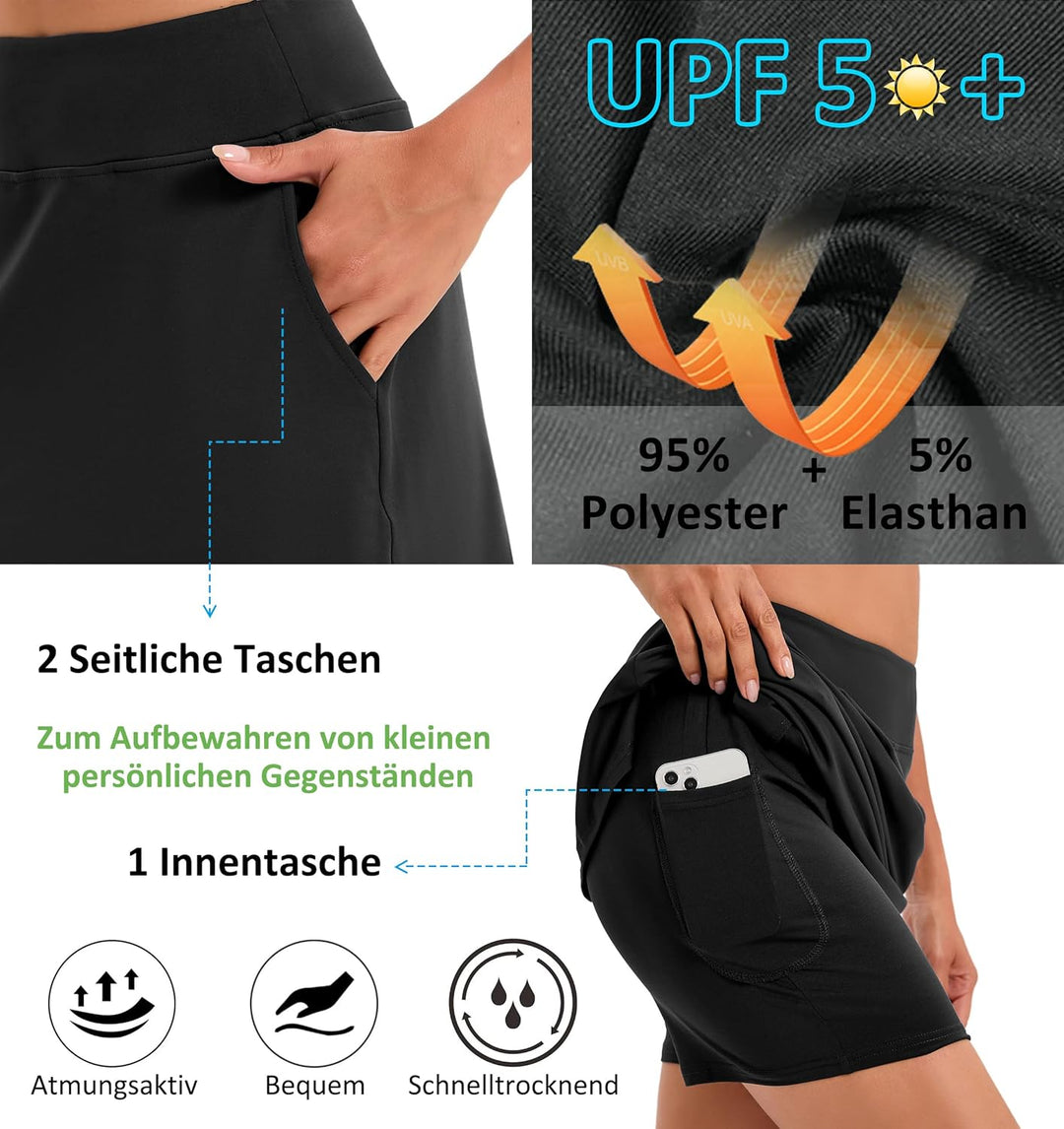 Timuspo Damen Tennisrock High Waist Tennis Skorts Sportrock mit Innerer Kurzer Hose und Taschen für