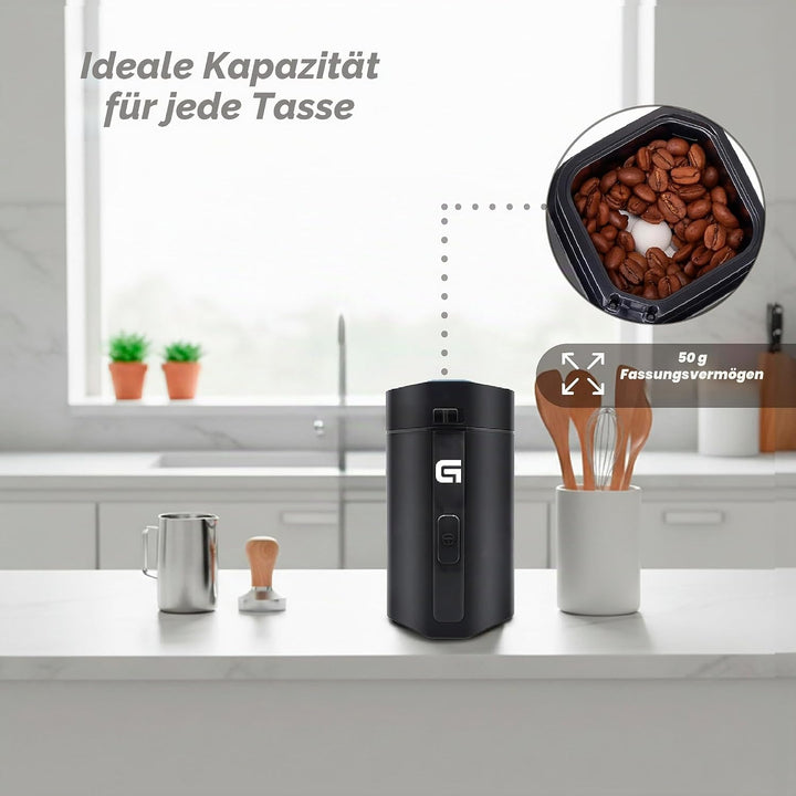 Grunkel Elektrische Kaffeemühle mit Druckknopf und transparentem Visier - MO-150R - Kapazität 50 g,