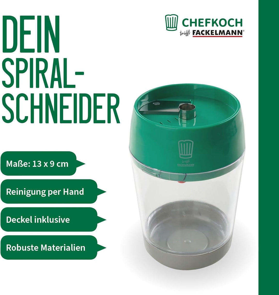 Chefkoch trifft Fackelmann Spiralschneider aus ABS & Edelstahl – 13 x ø9 cm – Für breite, schmale &