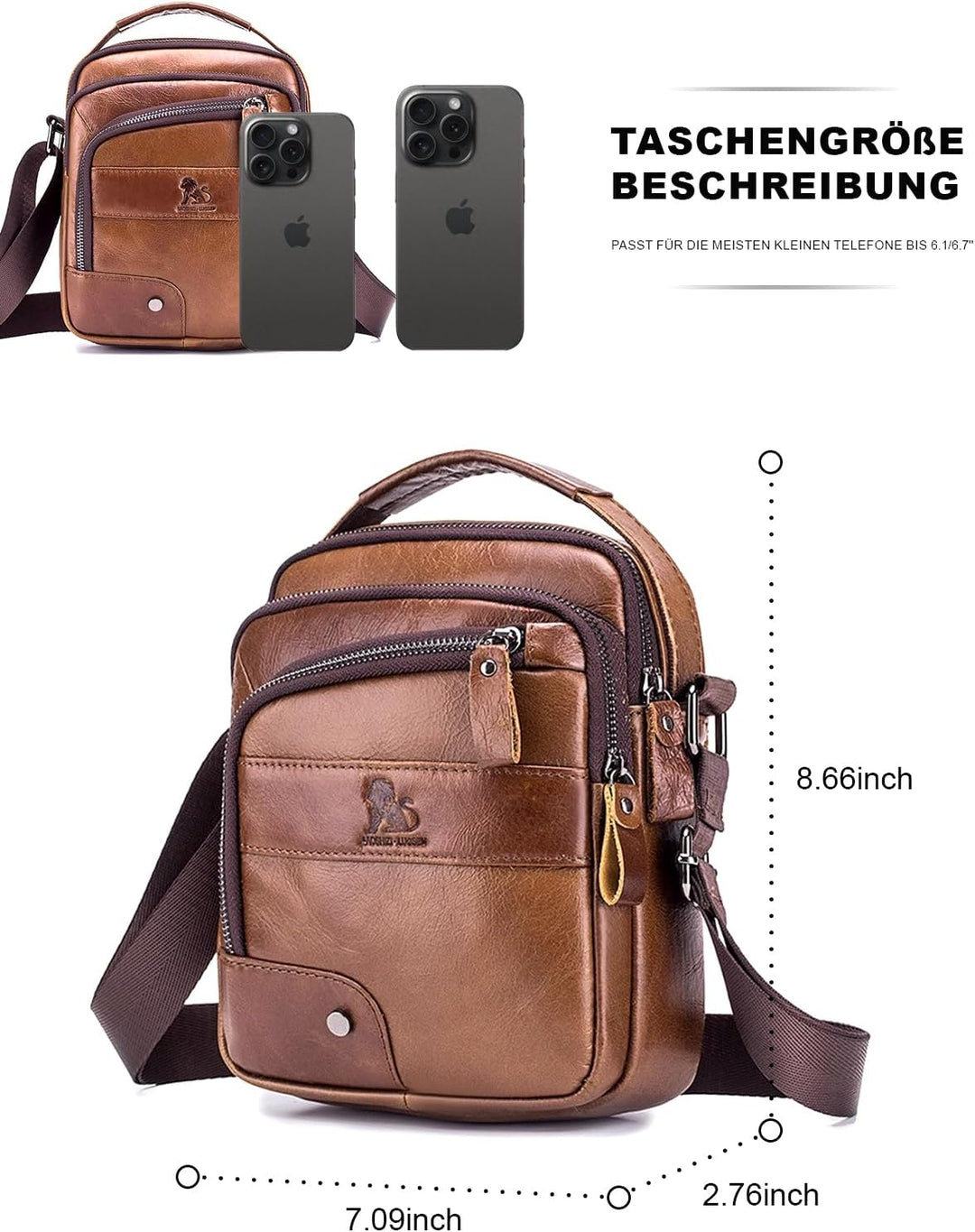 Umhängetasche aus Echtem Leder Herren Casual Fashion Crossbody Tasche Multifunktionaler Taschenbeute
