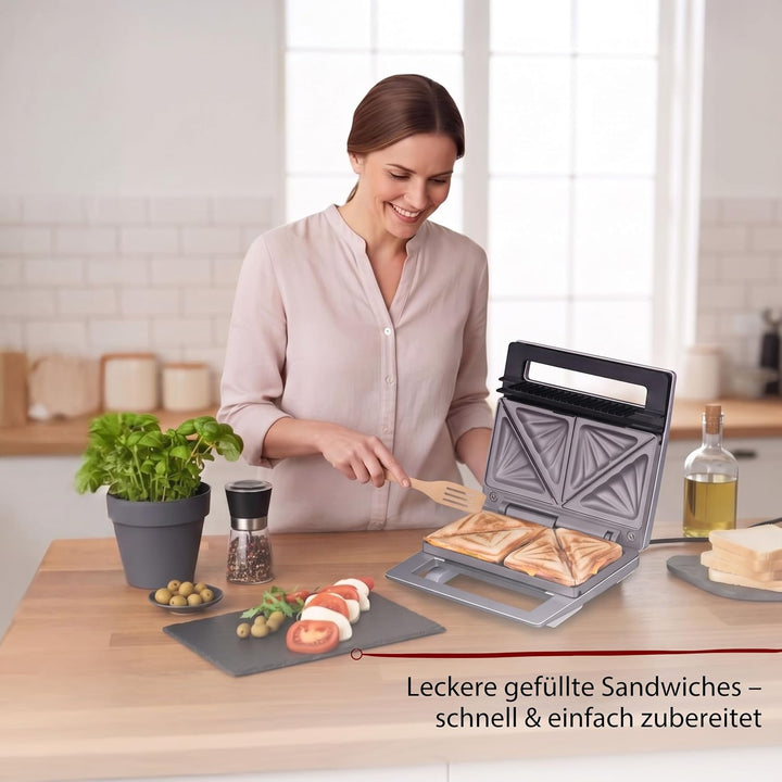 Cloer 6219 Sandwichmaker, 900 W für 2 diagonal geteilte Toasts, optische Fertigmeldung, silber Silbe
