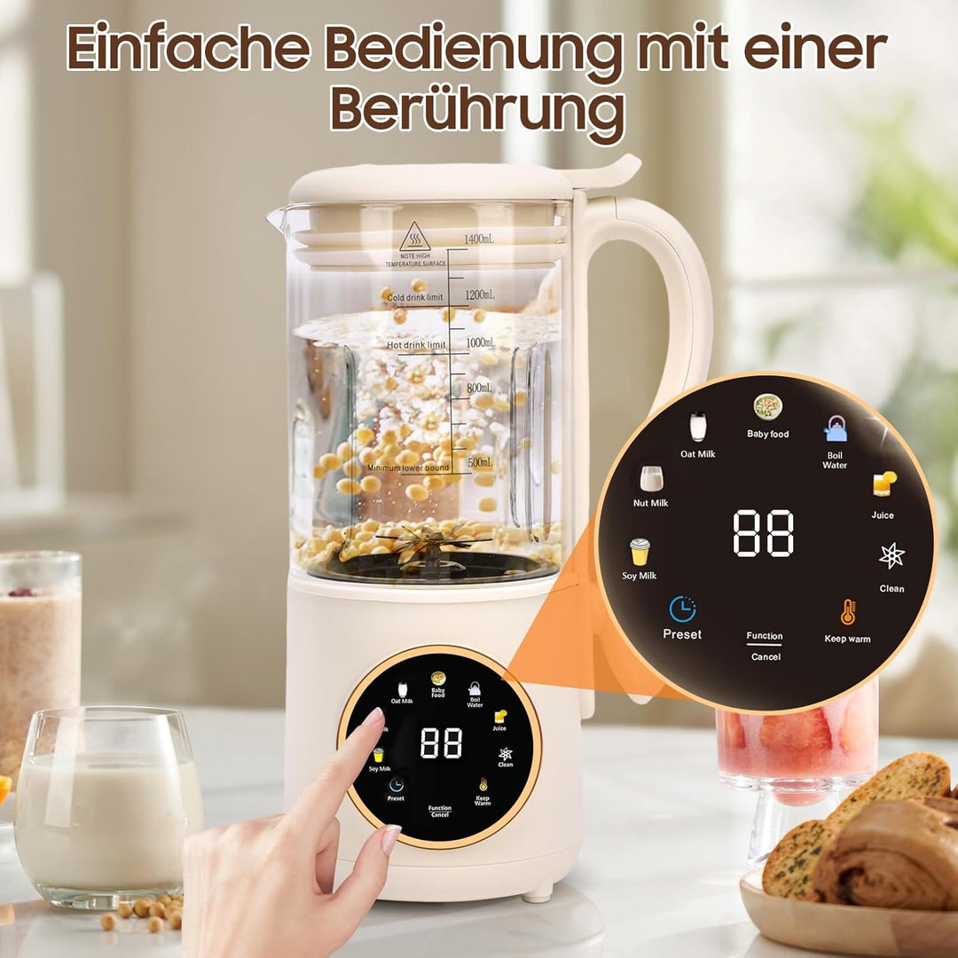 Sojamilch Maschine, 1400ml Automatische Nussmilchmaschine mit 16 Klingen, LED Anzeige, Verzögerungss