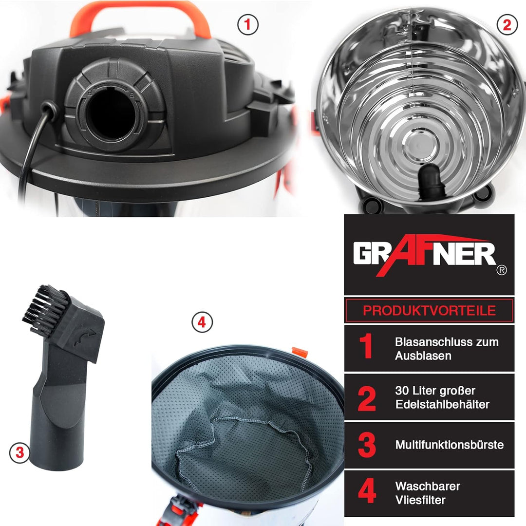 Grafner XXL Edelstahl Nass- und Trockensauger 1200 Watt, 30 Liter, incl. Vliesfilter, Saugrohr, Bode