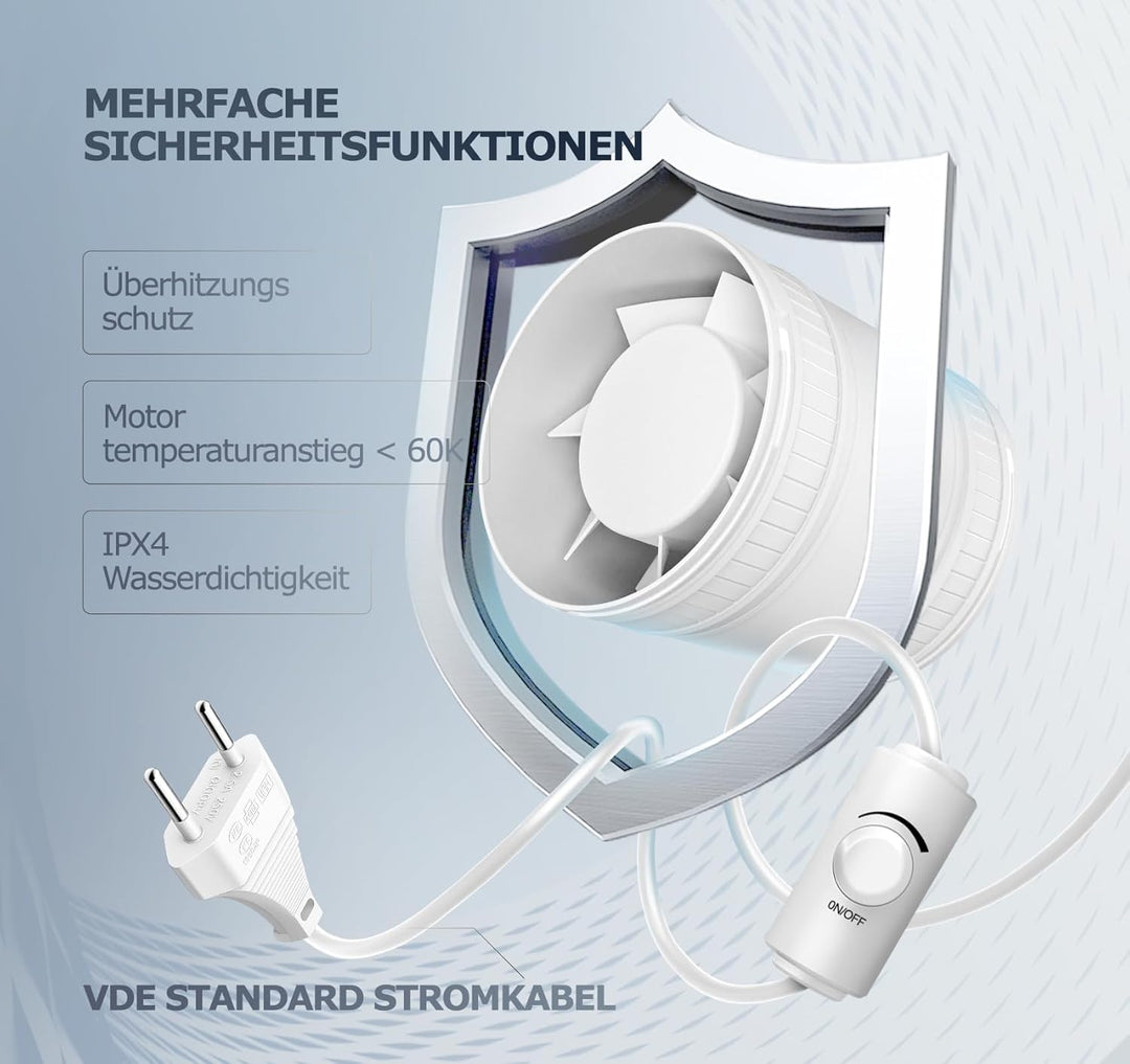 Rohrventilator 100 mm Regelbare Geschwindigkeit, 145m³/h Rauchabzug Ventilator, Rohrlüfter Leise mit