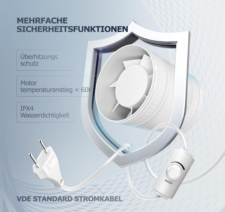 Rohrventilator 100 mm Regelbare Geschwindigkeit, 145m³/h Rauchabzug Ventilator, Rohrlüfter Leise mit
