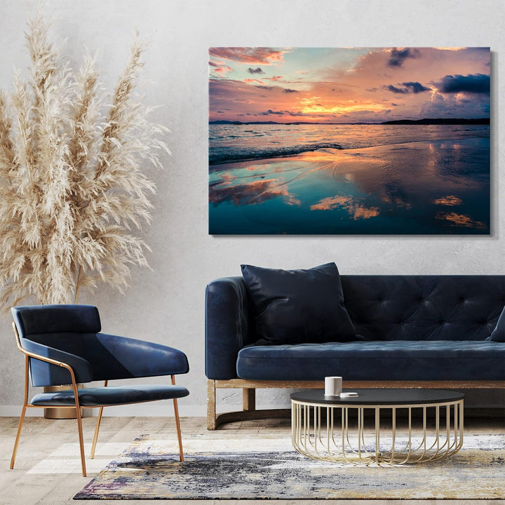 Printed Paintings Leinwand (80x60cm): Landschaftsbilder Sonnenuntergang über hell-blaues Wasser 80x6