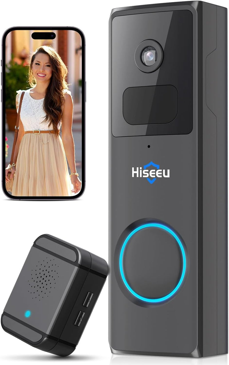 Hiseeu 【2MP+Chime】 Smarte Video Türklingel mit Kamera,1080P Kabellose Video Doorbell mit 2-Wege-Audi