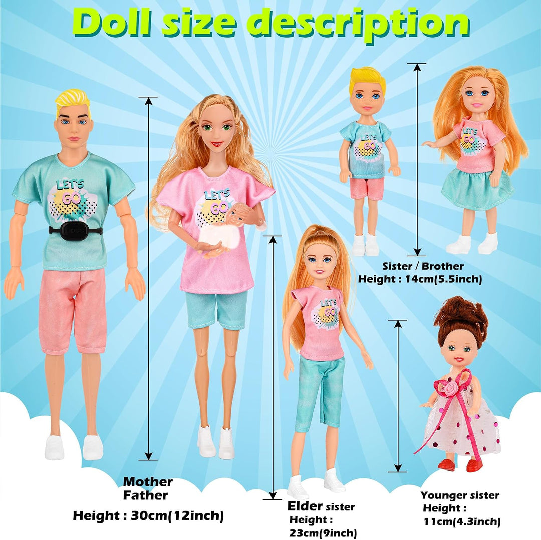 Familie Puppen Set von 7 Personen mit Welpen und Pferd Zubehör Inklusive 11.5 Zoll schwanger Mama, P
