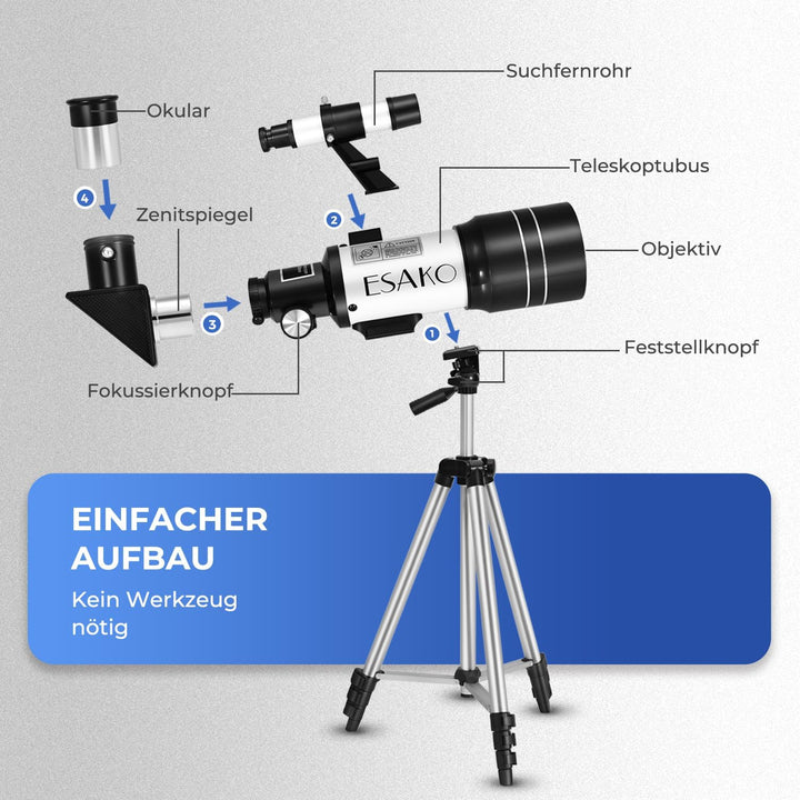 ESAKO Teleskop für Kinder & Einsteiger, 70mm Blende Tragbares Teleskop Astronomisches Linsenteleskop