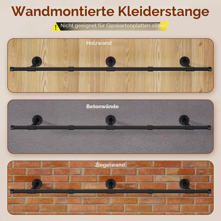 IBUYKE 156cm Kleiderstange Wandmontage, Metall Industrierohr Garderobenstange Wandmontage, Abnehmbar