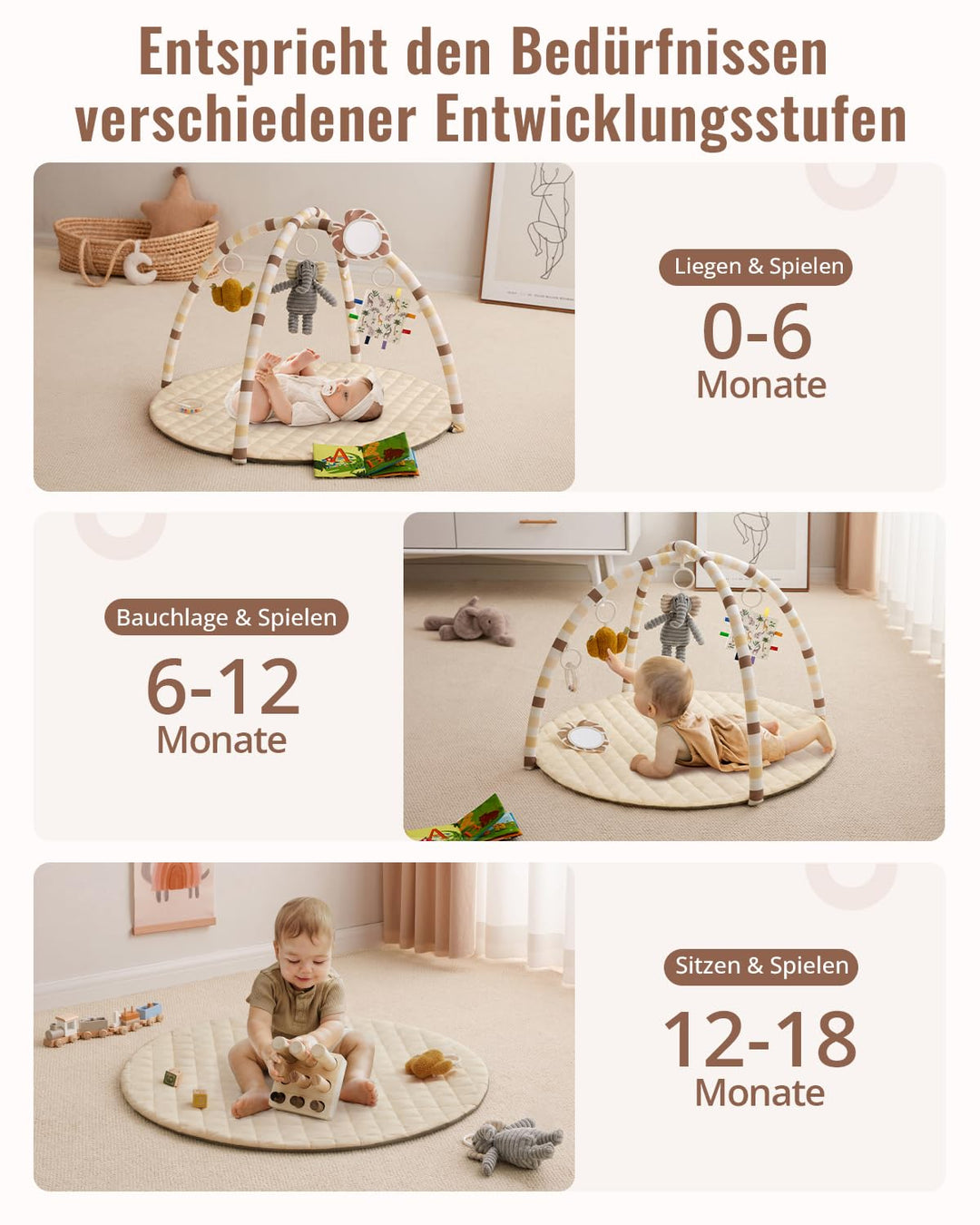 Blissful Diary Spielbogen Baby, Spieldecke Baby Gym Activity Decke mit 6 Abnehmbare Spielzeuge, krab