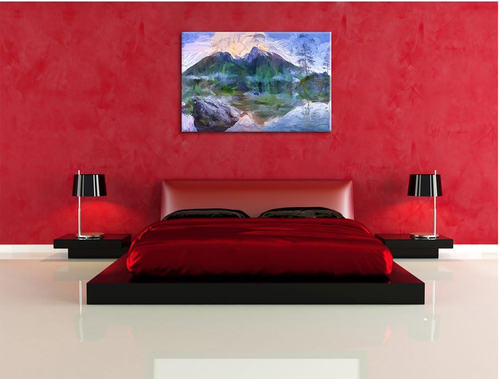 Pixxprint Sonnenaufgang am Hintersee Kunst Pinsel Effekt, Format: 100x70 auf Leinwand, XXL riesige B
