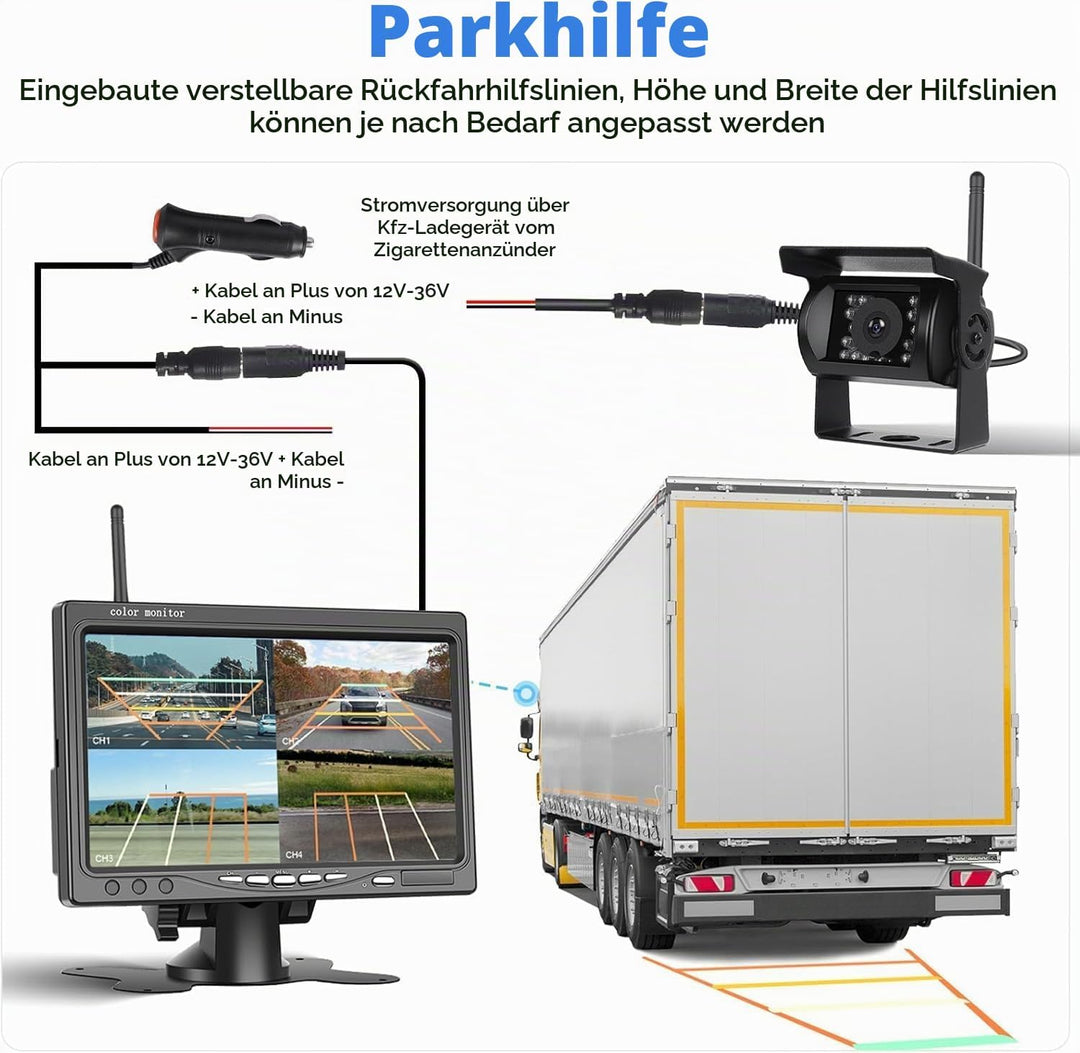 1080P Kabelloses Rückfahrkamerasystem für Wohnmobile, 7-Zoll-Rückfahrkameramonitor für 4 Kanäle mit