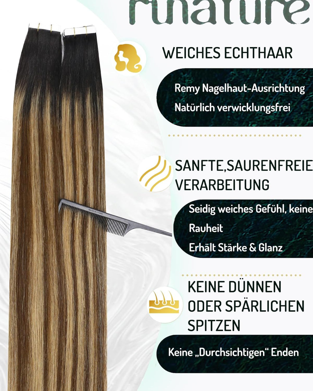 RUNATURE Tape Extensions Echthaar Balayage Schwarz Ombre Braun und Blond 30cm Menschliches Haar Glat