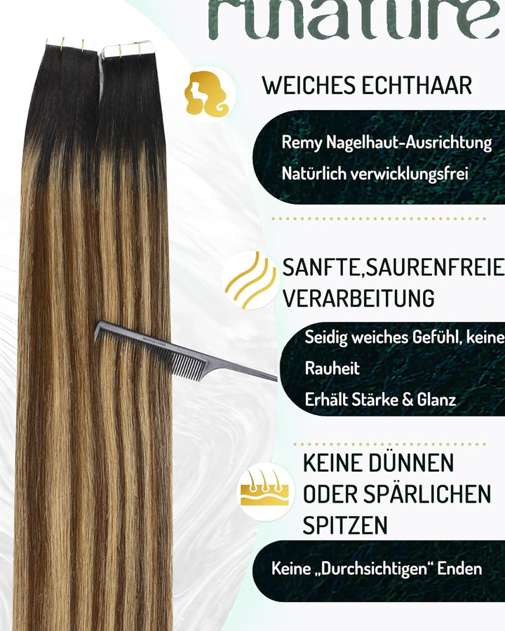 RUNATURE Tape Extensions Echthaar Balayage Schwarz Ombre Braun und Blond 30cm Menschliches Haar Glat