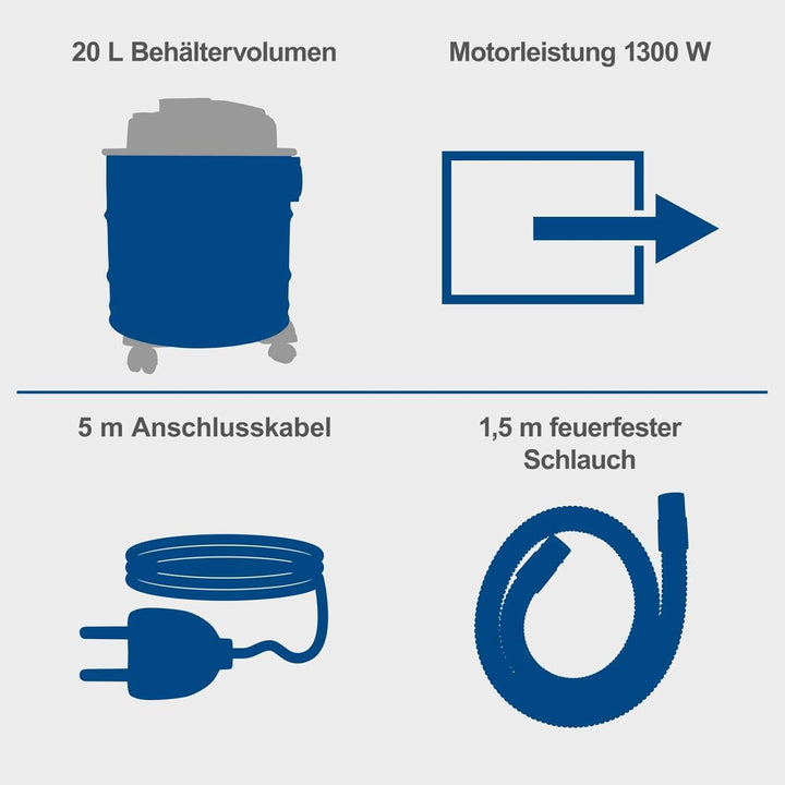 Scheppach Aschesauger AVC25 mit 20L Behältervolumen | 1300W Leistung | 20 kPa Absaugleistung | 150cm