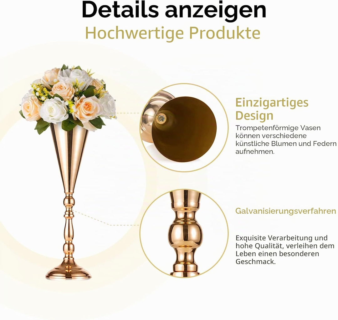 NUPTIO Gold Vase für Hochzeit Tischdeko: 2 Stück 42cm Hohe Blume Trompete Vasen Metall Tische Mittel