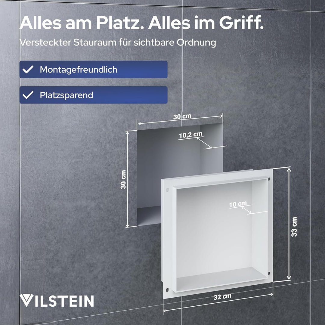 VILSTEIN Wandnische Dusche 30x30 cm [ROSTFREI] - Randlose Duschnische - Wandnische Weiss - Einbaureg
