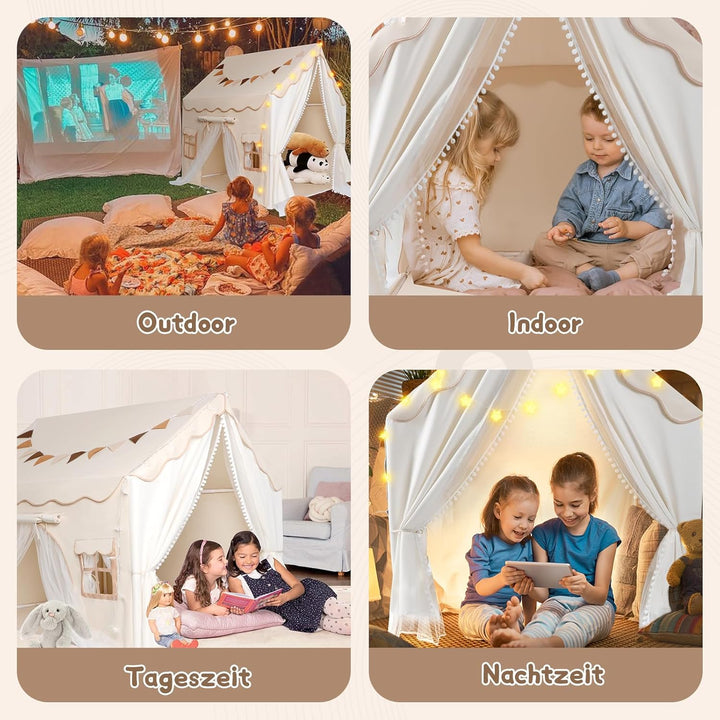 Herenear Kinderzelt mit 2 Eingängen, Spielzelt Kinder Indoor mit Lichtern und Zeltunterlage, Spielha