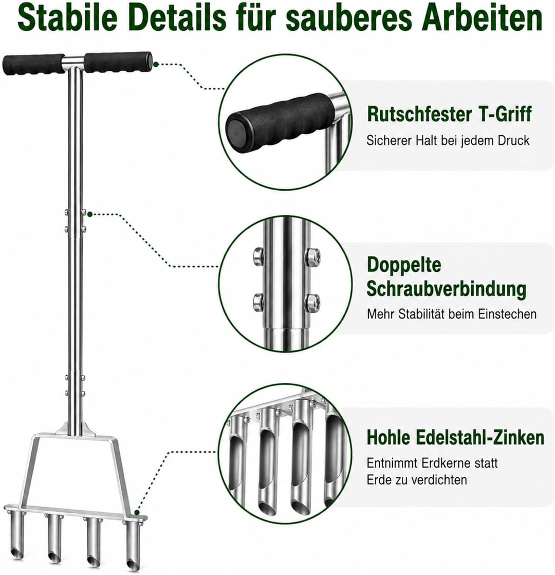 Rasenlüfter aus Edelstahl, 4 Zinken Hohlzinken, Manueller Rasenbelüfter & Aerifizierer für Verdichte