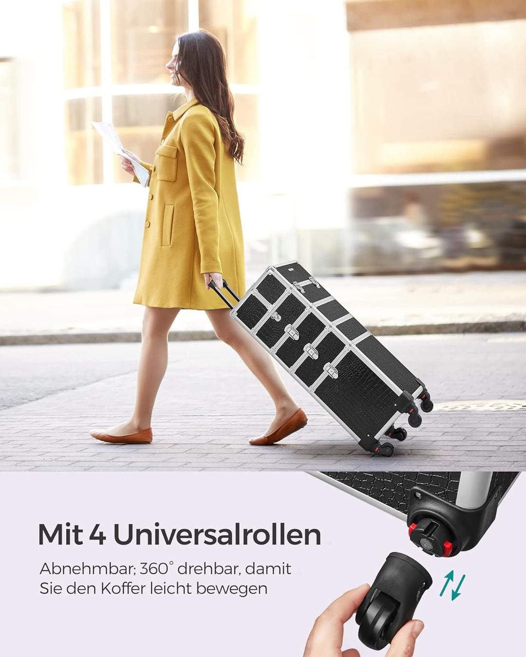 SONGMICS Alu Trolley, Kosmetikkoffer mit Rollen, Friseurkoffer, Schminkkoffer ohne Inhalt, Handgepäc